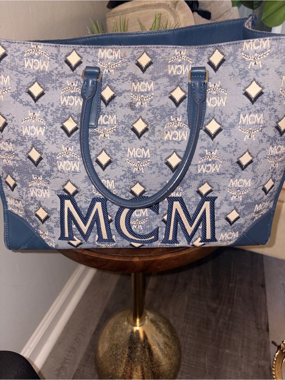 MCM Light Blue Logo Jacquard Tote with Navy Trim